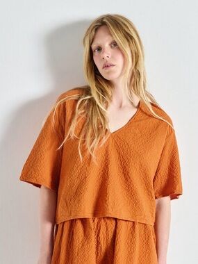 American Vintage Burnt Orange Textured V-Neck Crop Top
